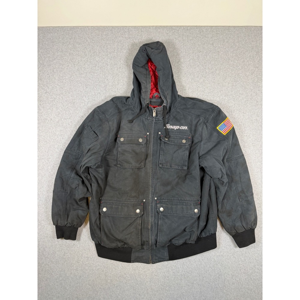 Snap-on Work Jacket Mens 2XL Black Hooded Canvas Bomber Utility Logo USA Flag
